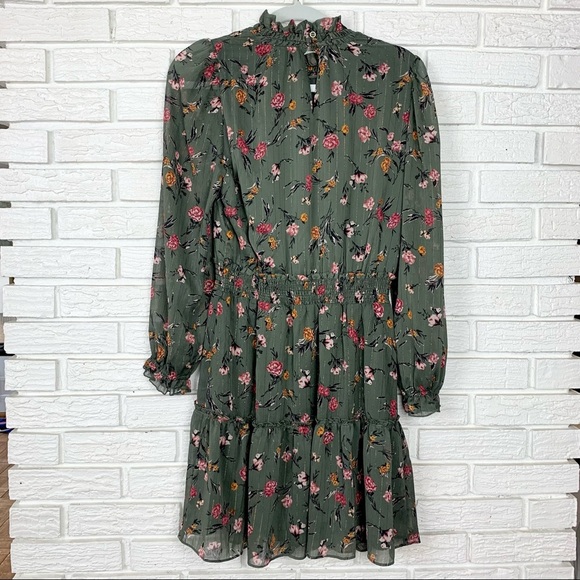 NWT Drew Floral Print High Neck Ruffle Smocked Chiffon Mini Dress Green Small - Picture 6 of 10